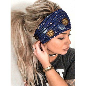 

Celestial Sun Moon Star Print Elastci Wide Headband, Blue