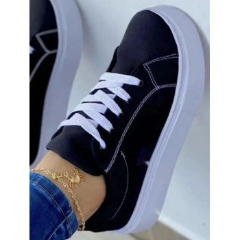 

Lace Up Colorblock Thick Platform Casual Outdoor Shoes, Black