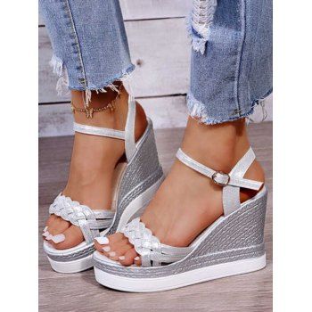 

Buckle Strap Twisted Wedge Heels Casual Outdoor Sandals, Silver