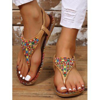 

Colored Beaded Bohemian Flip Flops Thin Platform Slip On Outdoor Sandals, Brown