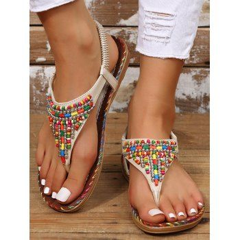 

Colored Beaded Bohemian Flip Flops Thin Platform Slip On Outdoor Sandals, Beige