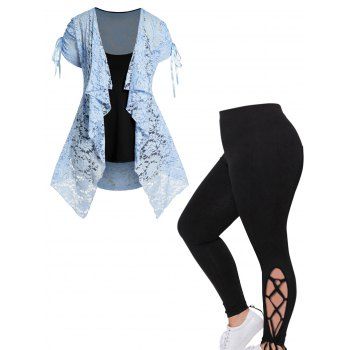 

Plus Size Flower Lace Draped Cinched Long Asymmetric Top Basic Camisole Set And Lace Up Leggings Casual Outfit, Multicolor