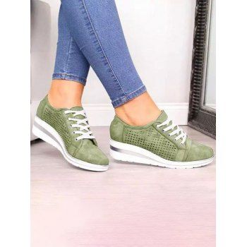 

Hollow Out Breathable Wedge Heel Lace Up Casual Outdoor Shoes, Army green