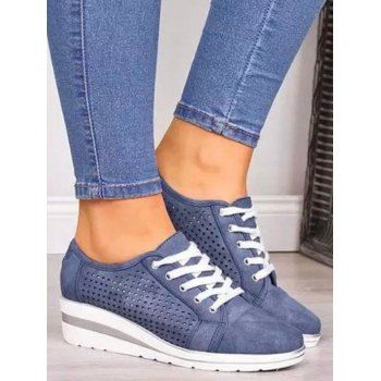 

Hollow Out Breathable Wedge Heel Lace Up Casual Outdoor Shoes, Blue