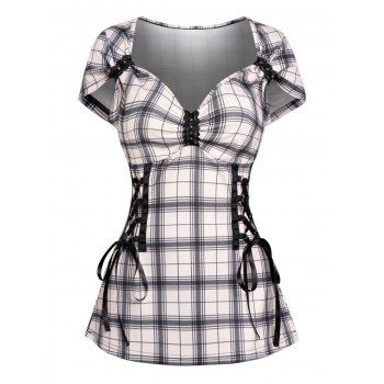 

Plaid Rivet Embellished Sweetheart Neck Lace Up Corset Style T Shirt, Light coffee