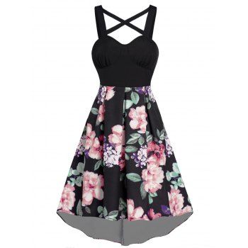 

Flower Print High Low Dress Crisscross Ruched Bust High Waist A Line Dress, Black