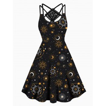 

Celestial Galaxy Sun Moon Star Print Dress Lace Panel Crisscross High Waisted Sleeveless A Line Midi Dress, Black