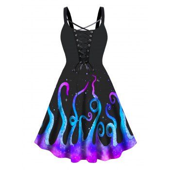 

Plus Size Dress Octopus Print Lace Up Crisscross Sleeveless High Waisted A Line Midi Dress, Black