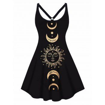 

Plus Size Mini Dress Sun Moon Print Cut Out High Waisted A Line Dress, Black