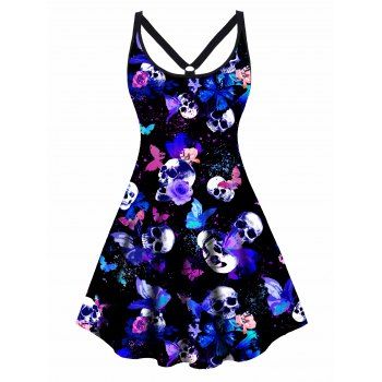 

Plus Size Mini Dress Butterfly Flower Skull Print Cut Out Sleeveless High Waisted A Line Gothic Dress, Black