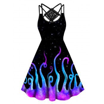 

Lace Panel Galaxy Octopus Print Dress Crisscross High Waisted Sleeveless A Line Midi Dress, Black