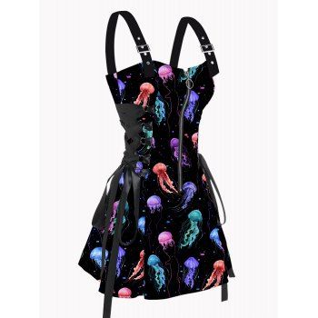 

Jellyfish Print Dress Zip Up Lace Up Adjustable Strap High Waisted A Line Mini Dress, Multicolor