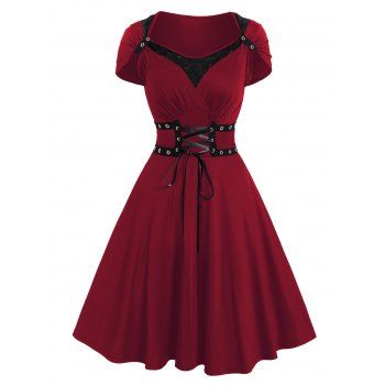 

Gothic Dress Solid Color Grommet Lace Up Lace Panel High Waisted Dress Surplice A Line Mini Dress, Deep red