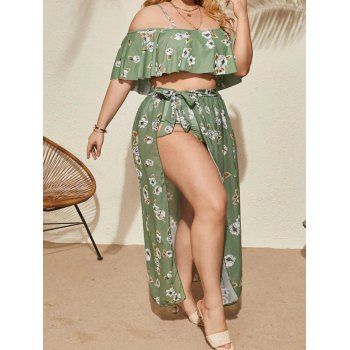 

Plus Size & Curve Vacation Tankini Swimsuit Flower Print Flounce Mesh Skirt Beach Tankini Three Piece Swimwear, Deep green
