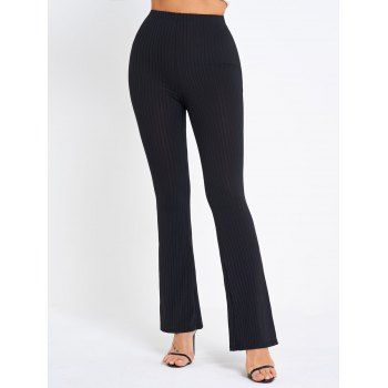 

Textured Flare Pants Elastic High Waisted Plain Color Long Pants, Black