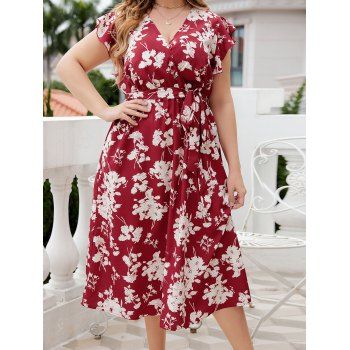 

Plus Size Vacation Dress Flower Print Surplice Belted V Neck High Waisted A Line Midi Dress, Red