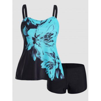 

Flower Ink Painting Print Tankini Swimsuit Padded Adjustable Straps Tankini Two Piece Swimwear Boyleg Bathing Suit, Blue