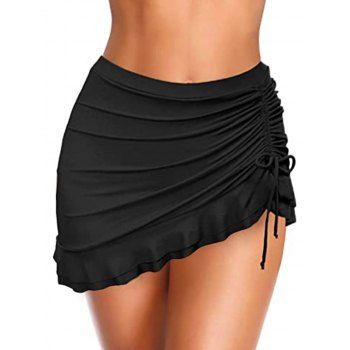 

Solid Color Cinched Ruched Swim Skorts Flounce Beach Swimming Bottoms, Black