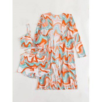 Vacation Bikini Swimsuit Colored Printed Cinched Boyshorts Sheer Cover-up Three Piece Bikini Set 