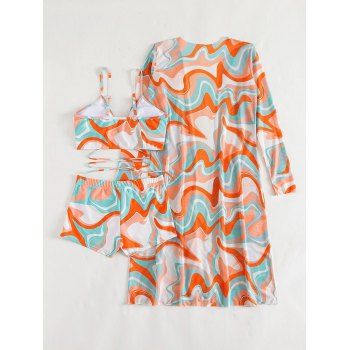 Vacation Bikini Swimsuit Colored Printed Cinched Boyshorts Sheer Cover-up Three Piece Bikini Set 