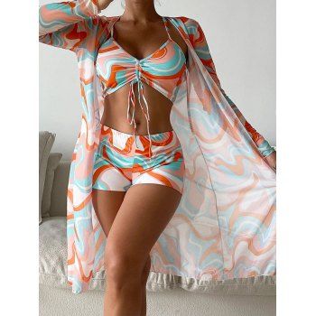 

Vacation Bikini Swimsuit Colored Printed Cinched Boyshorts Sheer Cover-up Three Piece Bikini Set, Multicolor