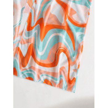 Vacation Bikini Swimsuit Colored Printed Cinched Boyshorts Sheer Cover-up Three Piece Bikini Set 