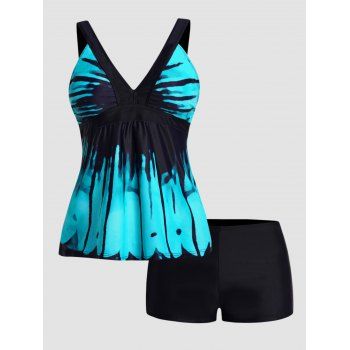 

Tie Dye Print Plunge Tankini Swimsuit Padded Tankini Two Piece Swimwear Boyleg Bathing Suit, Blue