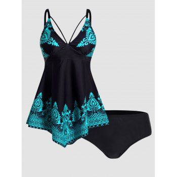 

Tribal Flower Print Tankini Swimsuit Plunging Neck Padded Tankini Two Piece Swimwear Adjustable Straps Bathing Suit, Blue