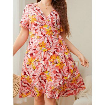 

Plus Size Vacation Dress Allover Colored Flower Print High Waisted A Line Warp Dress, Light orange