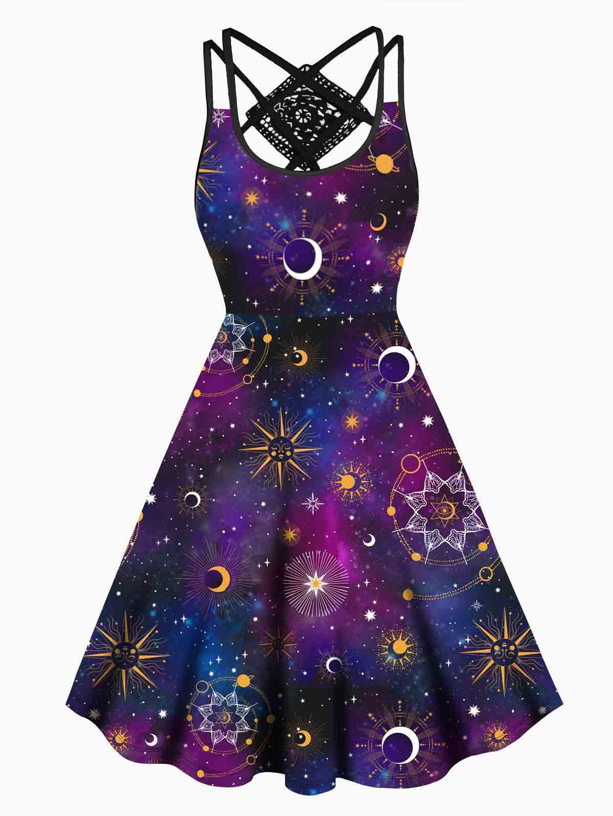 Celestial Galaxy Sun Moon Star Print Dress Lace Panel Crisscross High Waisted Sleeveless A Line Midi Dress - CONCORD M
