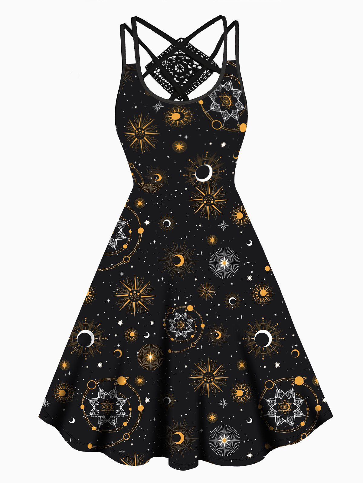 Celestial Galaxy Sun Moon Star Print Dress Lace Panel Crisscross High Waisted Sleeveless A Line Midi Dress - BLACK S