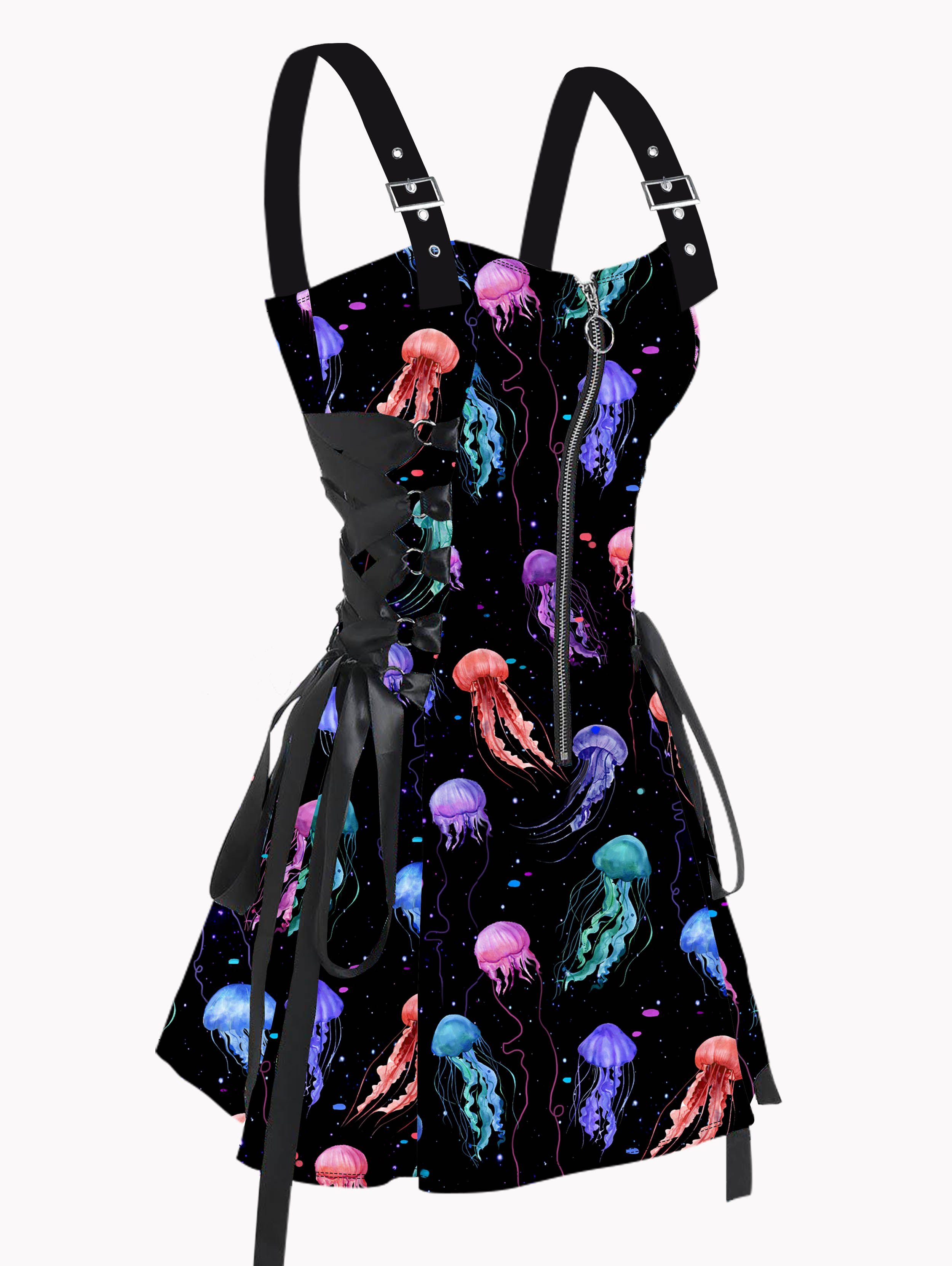 Jellyfish Print Dress Zip Up Lace Up Adjustable Strap High Waisted A Line Mini Dress - multicolor S