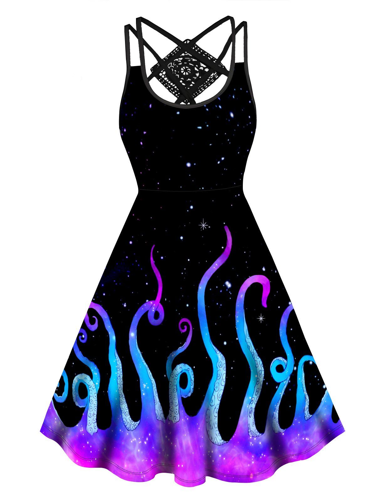 Lace Panel Galaxy Octopus Print Dress Crisscross High Waisted Sleeveless A Line Midi Dress - BLACK XXL