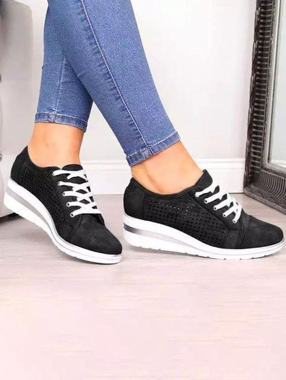 Hollow Out Breathable Wedge Heel Lace Up Casual Outdoor Shoes - Noir EU 42