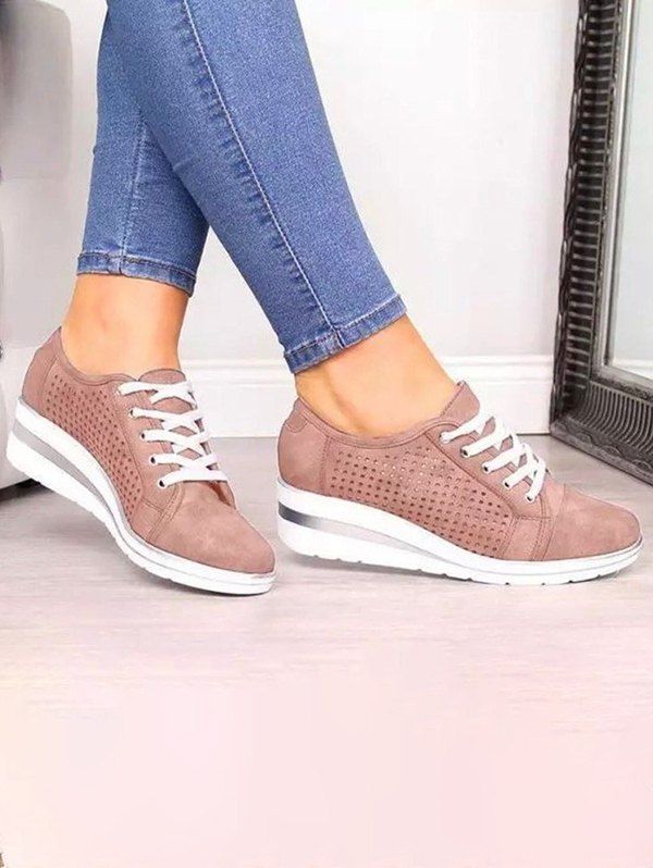 Hollow Out Breathable Wedge Heel Lace Up Casual Outdoor Shoes - PINK EU 42