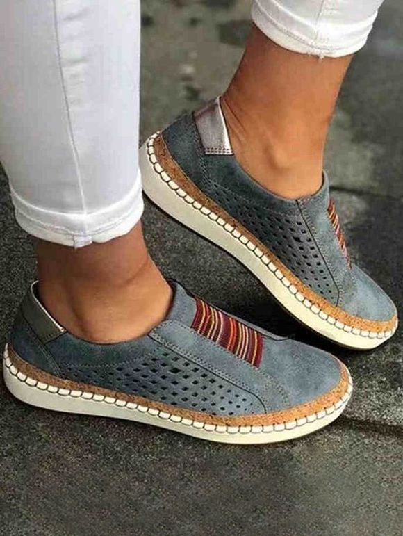 Hollow Out Slip On Colored Striped Casual Outdoor Shoes - Bleu EU 37