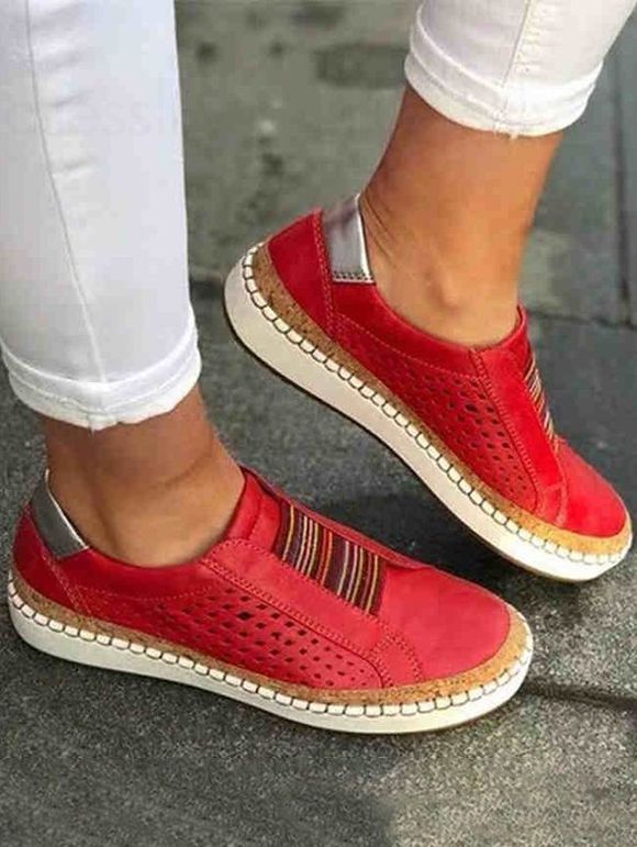 Hollow Out Slip On Colored Striped Casual Outdoor Shoes - Rouge EU 36