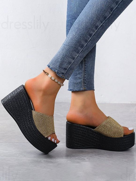 Glitter Colorblock Thick Platform Slip On Outdoor Slippers - d'or EU 42