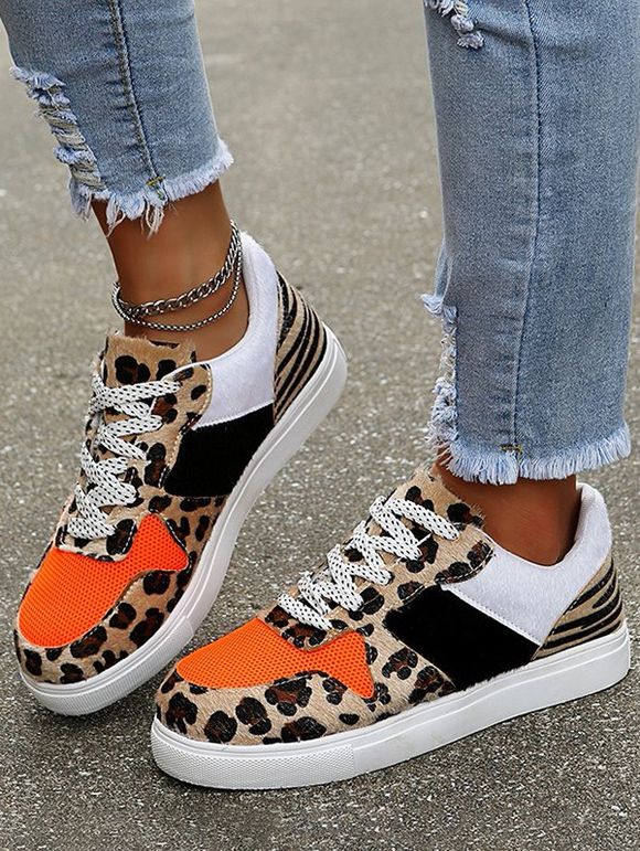 Leopard Print Colorblock Lace Up Trendy Outdoor Shoes - Léopard EU 42