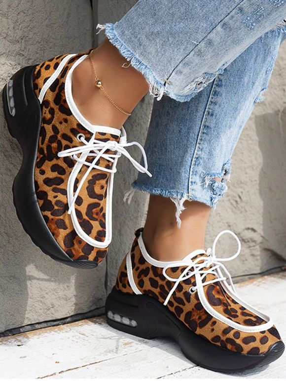 Leopard Print Lace Up Thick Platform Trendy Outdoor Shoes - Léopard EU 42