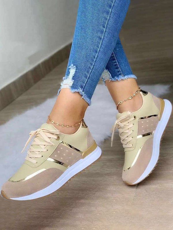 Two Tone Color Lace Up Thin Platform Casual Outdoor Shoes - YELLOW EU 42
