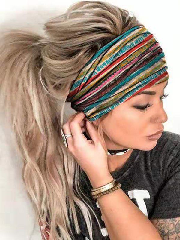 Colored Striped Print Elastci Wide Headband - multicolor A 