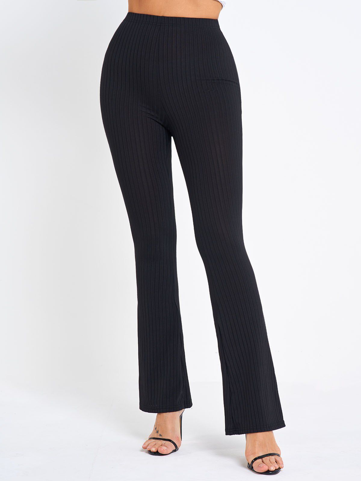 Textured Flare Pants Elastic High Waisted Plain Color Long Pants - BLACK M