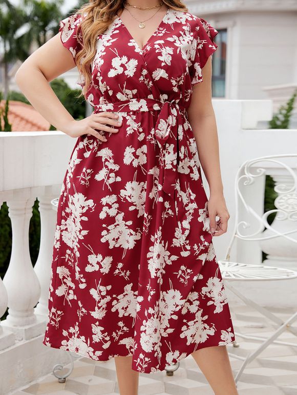 Plus Size Vacation Dress Flower Print Surplice Belted V Neck High Waisted A Line Midi Dress - RED 2XL