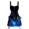 Mini Robe Ajustée à Bretelle Bouclée Pieuvre Galaxie Imprimée à Lacets - Bleu XXL