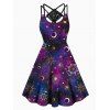 Celestial Galaxy Sun Moon Star Print Dress Lace Panel Crisscross High Waisted Sleeveless A Line Midi Dress - BLACK M