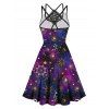 Celestial Galaxy Sun Moon Star Print Dress Lace Panel Crisscross High Waisted Sleeveless A Line Midi Dress - CONCORD S