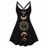 Mini Robe Ligne A Découpée à Imprimé Lune et Soleil à Taille Haute de Grande Taille - Noir L