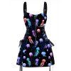 Jellyfish Print Dress Zip Up Lace Up Adjustable Strap High Waisted A Line Mini Dress - multicolor S