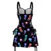 Jellyfish Print Dress Zip Up Lace Up Adjustable Strap High Waisted A Line Mini Dress - multicolor S